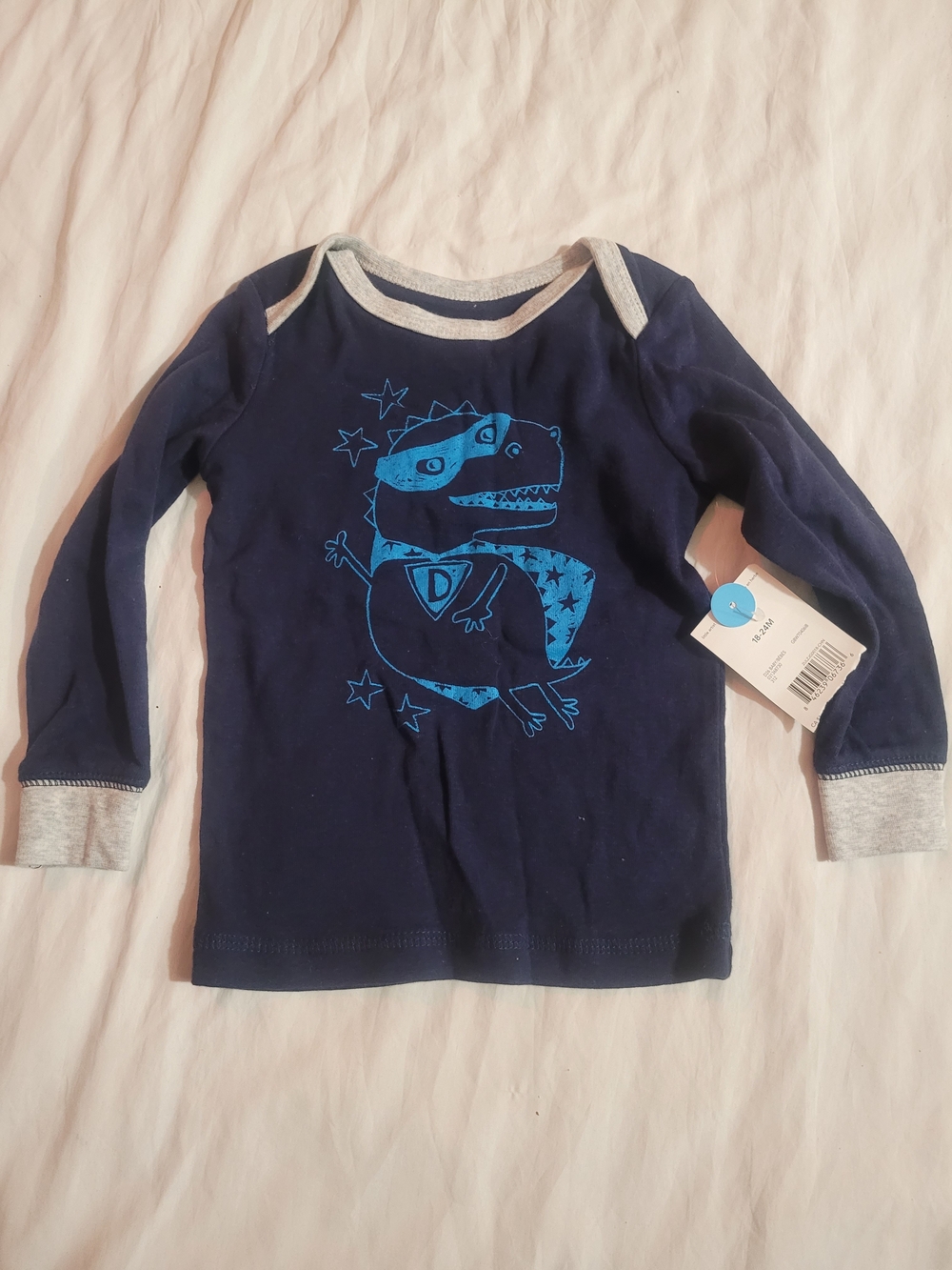 George Navy Blue Long-Sleeve Top with Bright Blue Dino Graphic